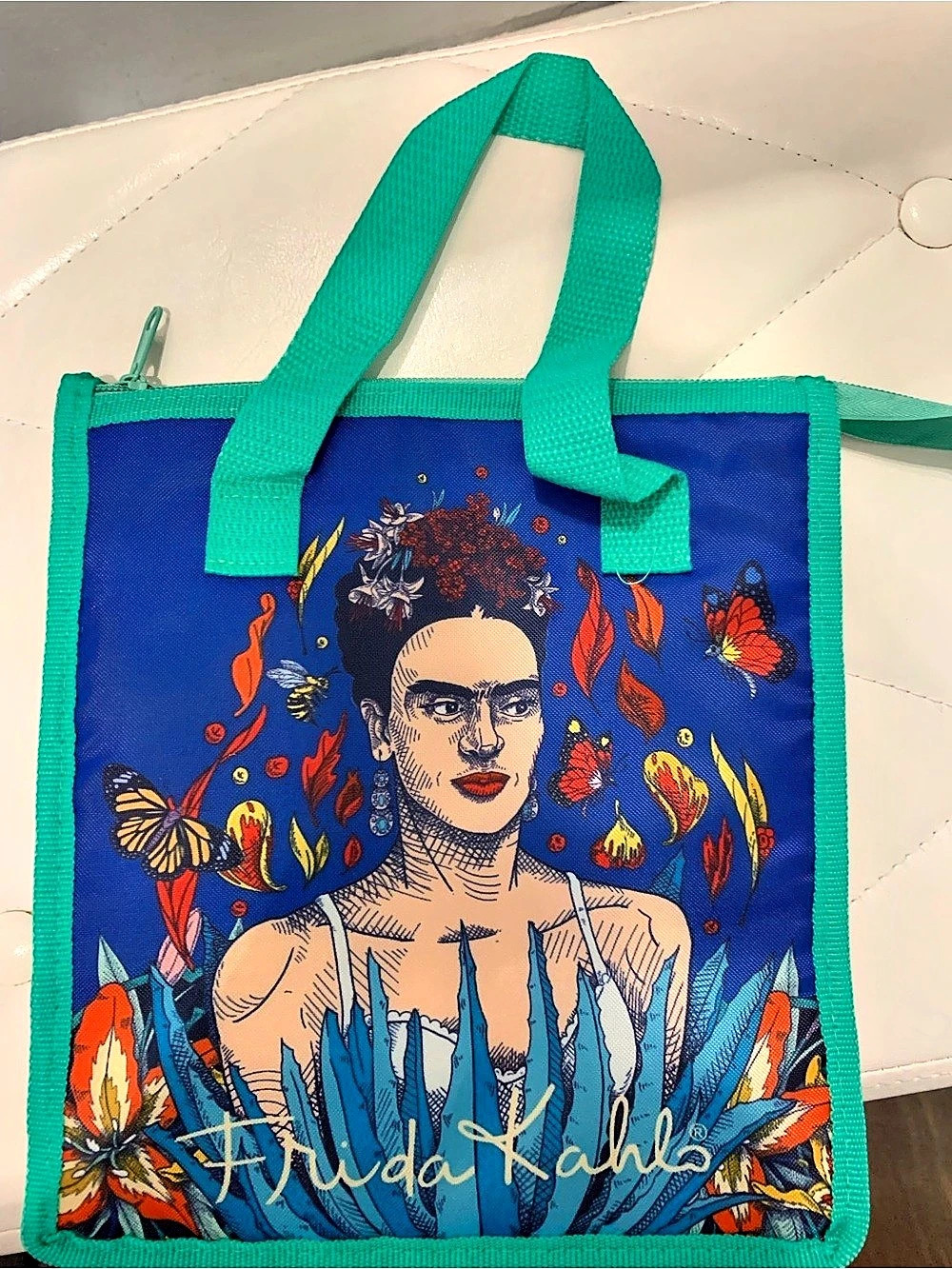 Frida Kahlo tote, Insulated, Blue & Green
